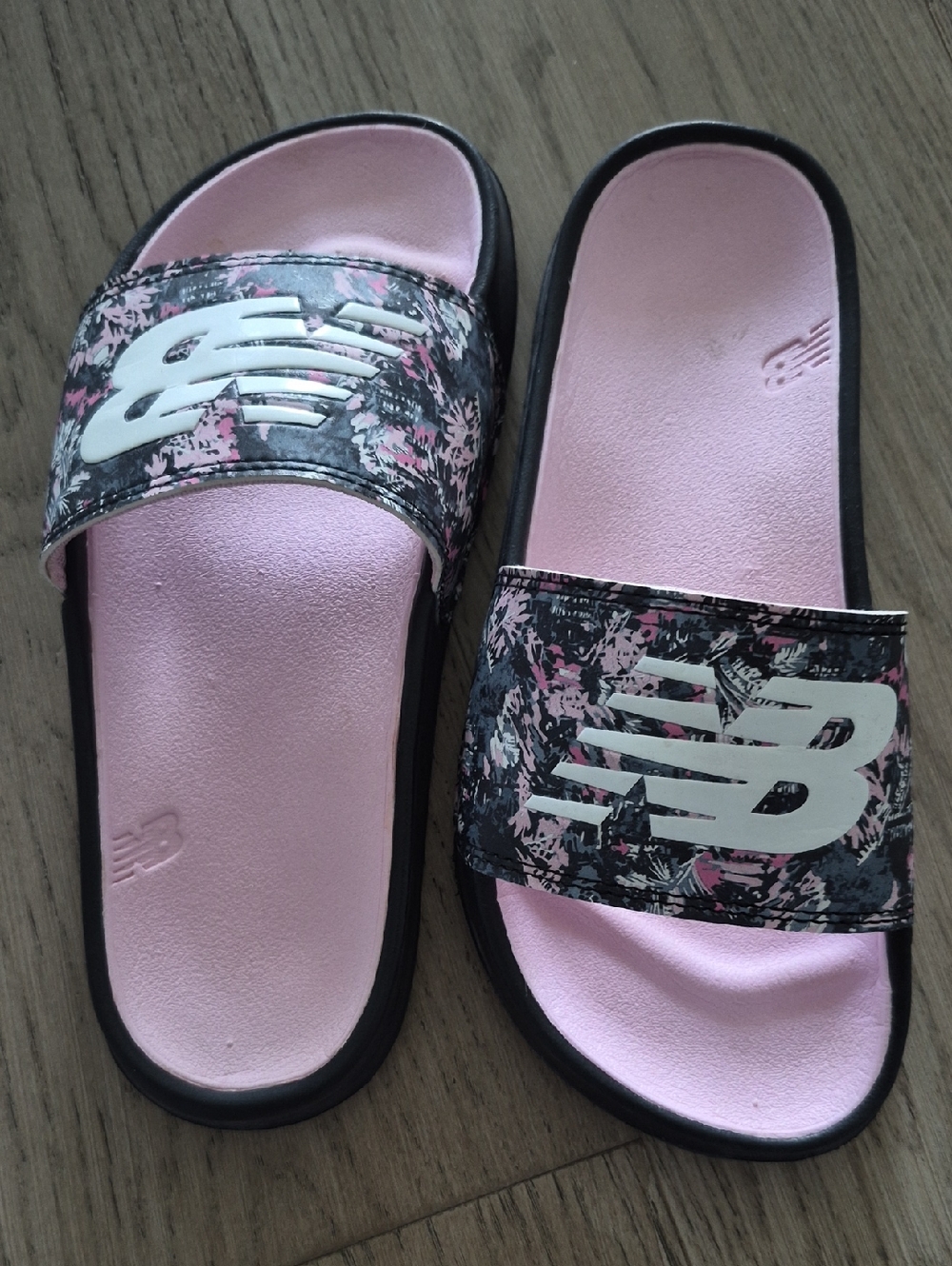 New Balance Pink and Black Floral Slide Sandals